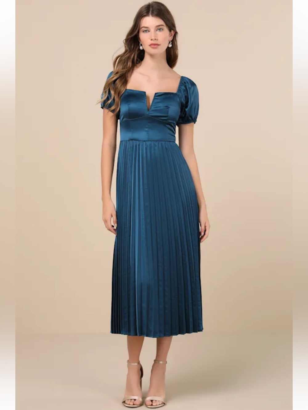 Lulus Flawless Forever Satin Pleated Midi Dress Size Medium Dark Teal Blue